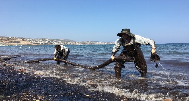 Foça'da denizdeki akaryakıtı temizleme çalışmaları devam ediyor
