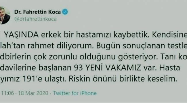 Türkiye'de koronavirüsten ikinci ölüm gerçekleşti, Corona virüsü vakası 191 'e yükseldi!