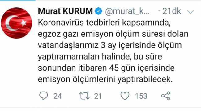 Taşıt sahipleri dikkat! Çevre  ve Şehircilik Bakanı Murat Kurum açıkladı: Süre uzatıldı