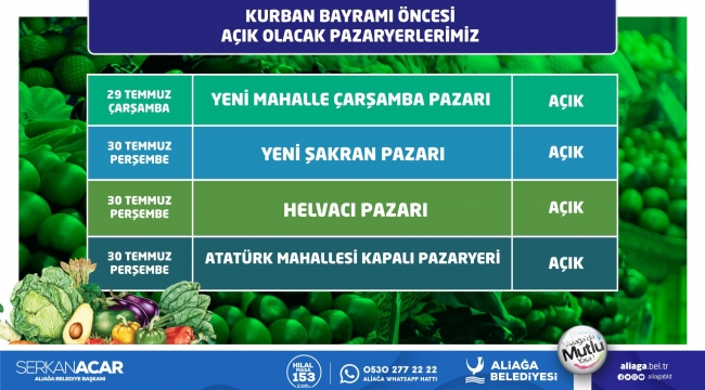  Kurban Bayramı münasebetiyle Aliağa  Cumartesi Pazarı kurulmayacak.