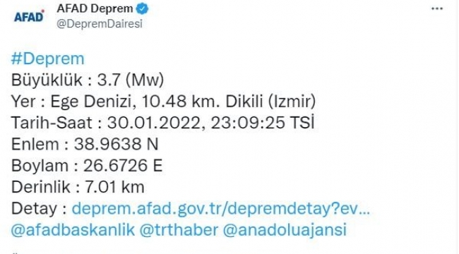 İzmir Dikili'de Deprem Oldu