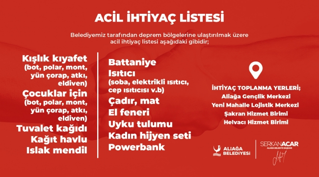 Aliağa Belediyesi'nden Deprem Bölgesi İçin Yardım Kampanyası